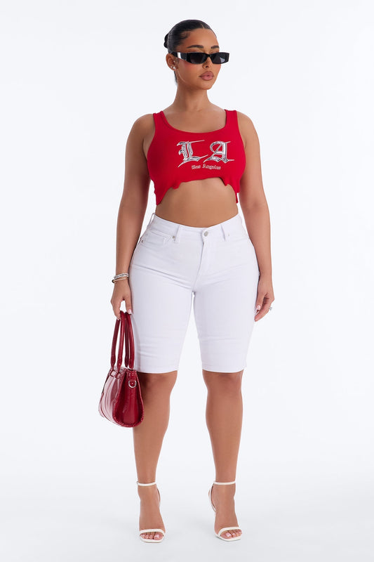 Tulsa Booty Lifting High Rise Stretch Denim Bermuda Shorts - White