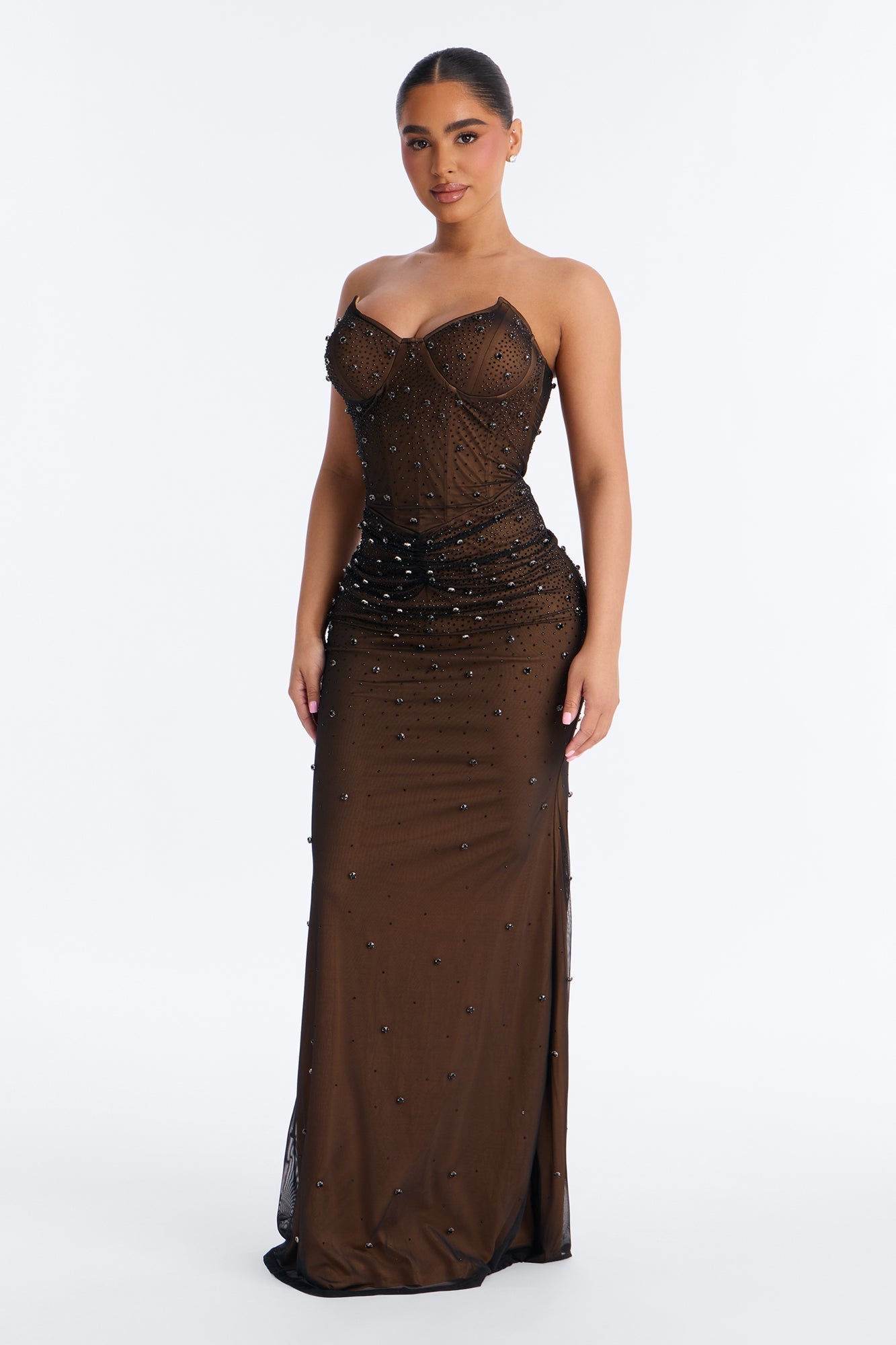 Zola Corset Rhinestone Mesh Gown - Black
