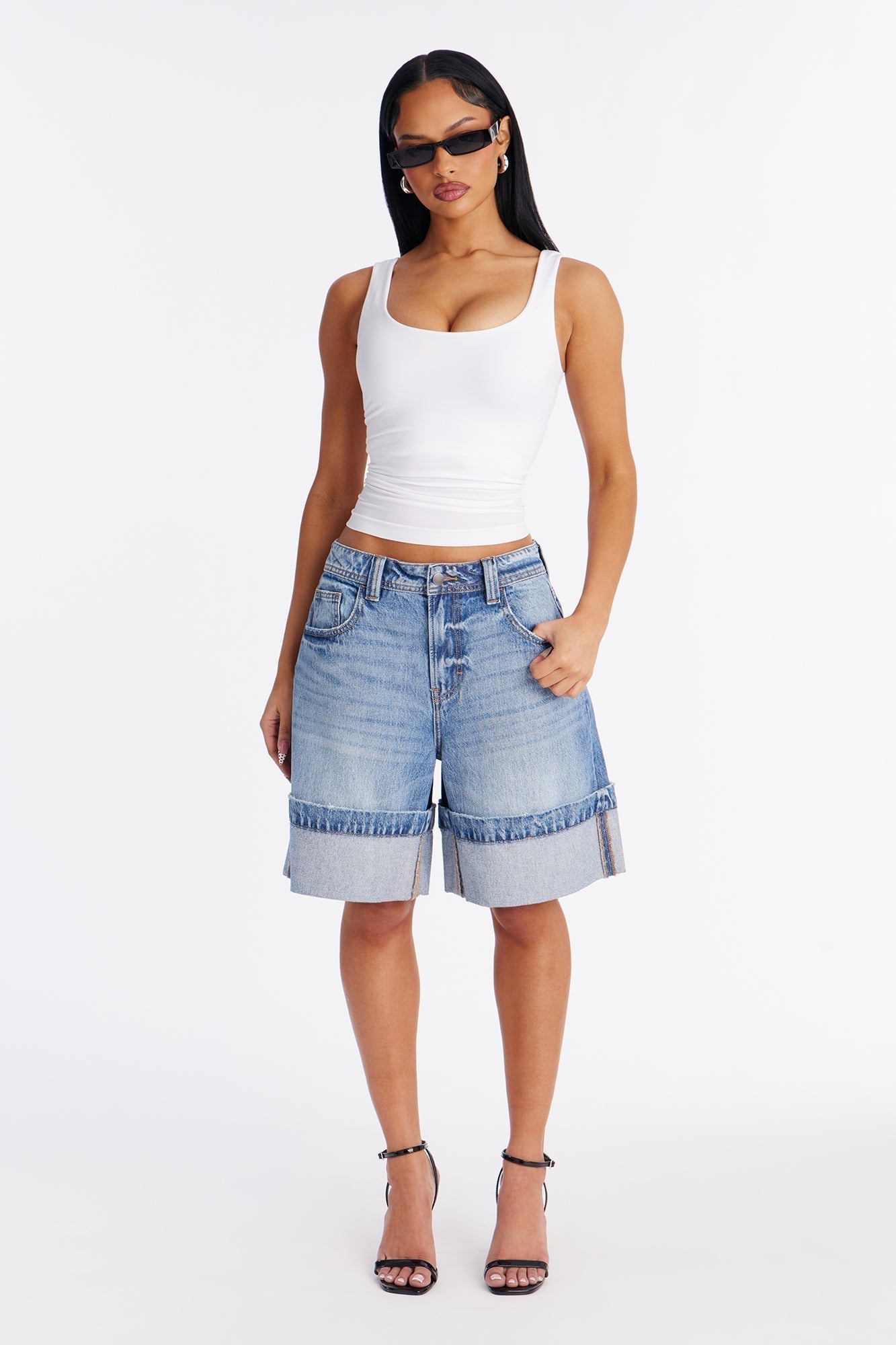 St. Clair Cuffed Premium Denim Bermuda Shorts - Medium Wash