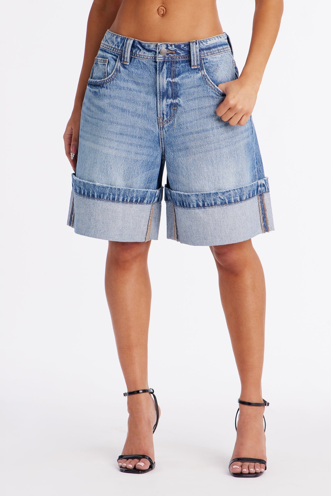 St. Clair Cuffed Premium Denim Bermuda Shorts - Medium Wash