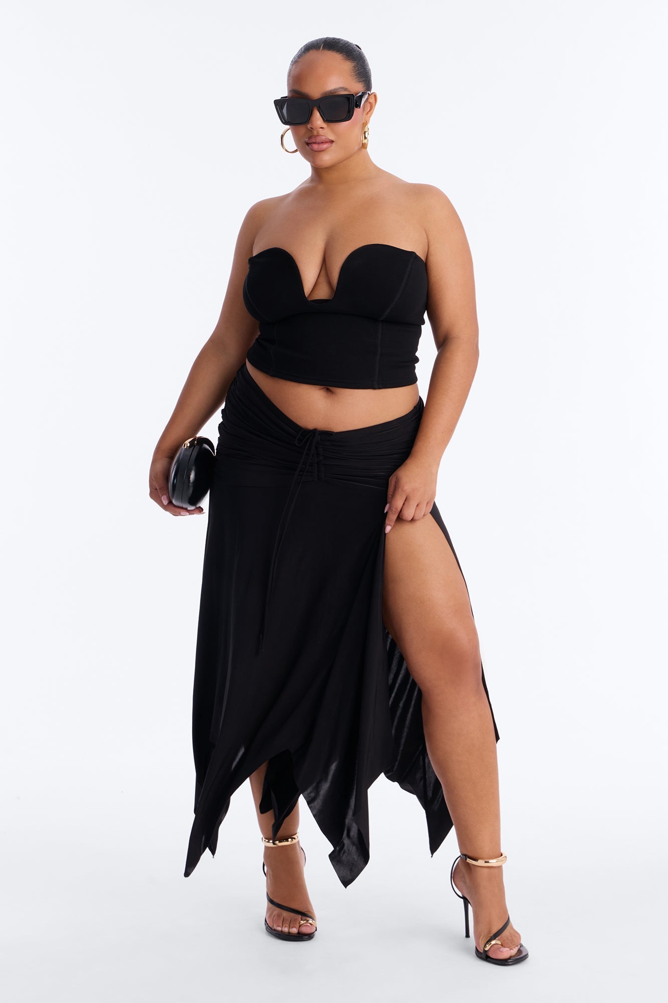 Miranda Low Rise Ruched Flowy Midi Skirt - Black