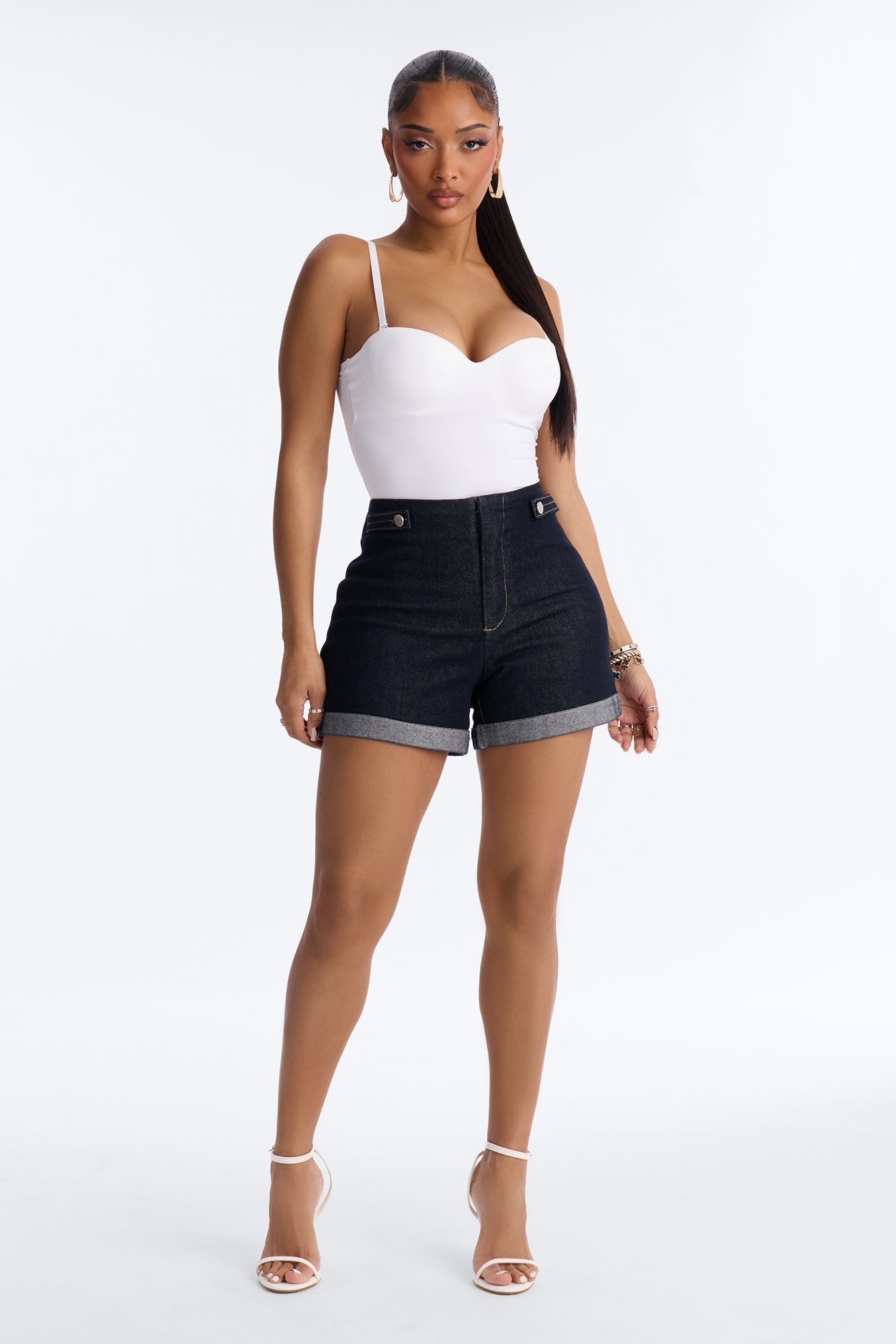 City Life Rolled Cuff Stretch Denim Shorts - Dark Denim