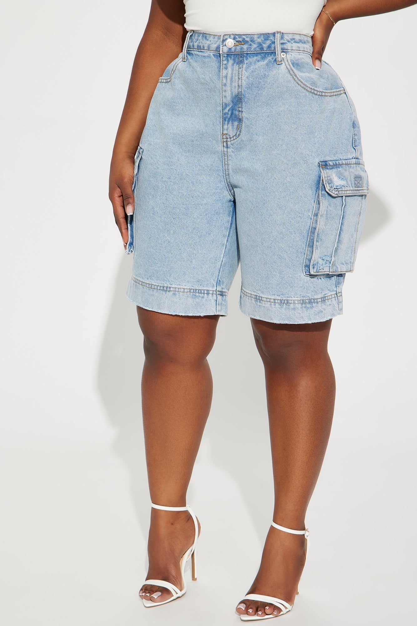 In High Demand Non Stretch Cargo Bermuda Shorts - Light Wash