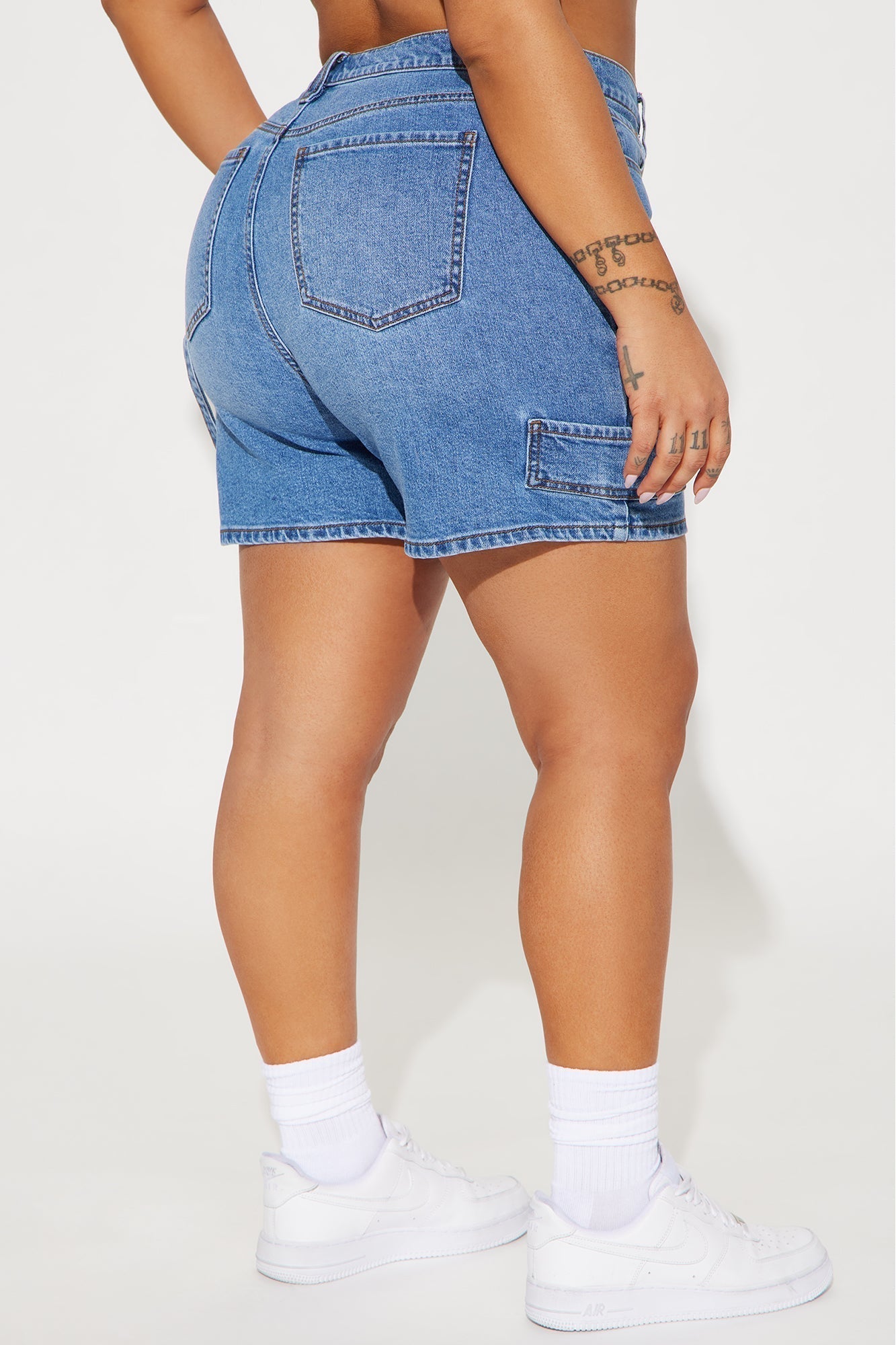 Same Page Stretch Denim Utility Shorts - Medium Wash