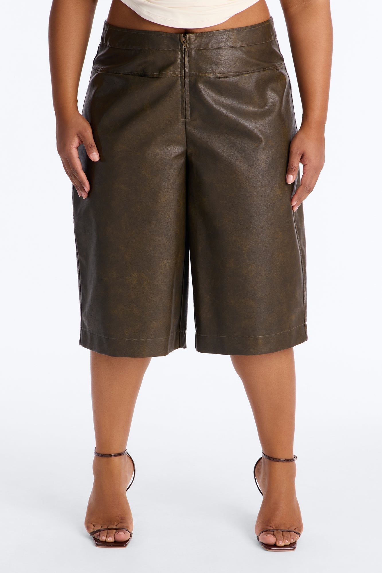 Somewhere In Brookyln Washed Faux Leather Bermuda Short 9.5″ - Brown