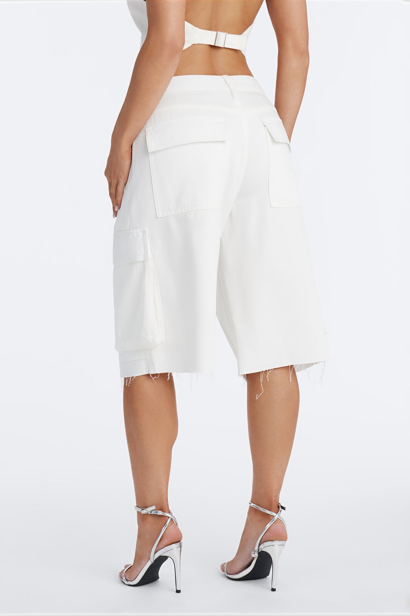 Lillia Frayed Hem Cargo Bermuda Short - White