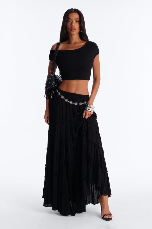 Free Spirit Low Rise Belted Tiered Maxi Skirt - Black