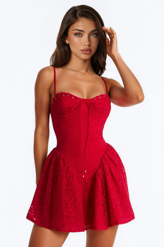 Lana Pleated Lace Mini Dress - Red