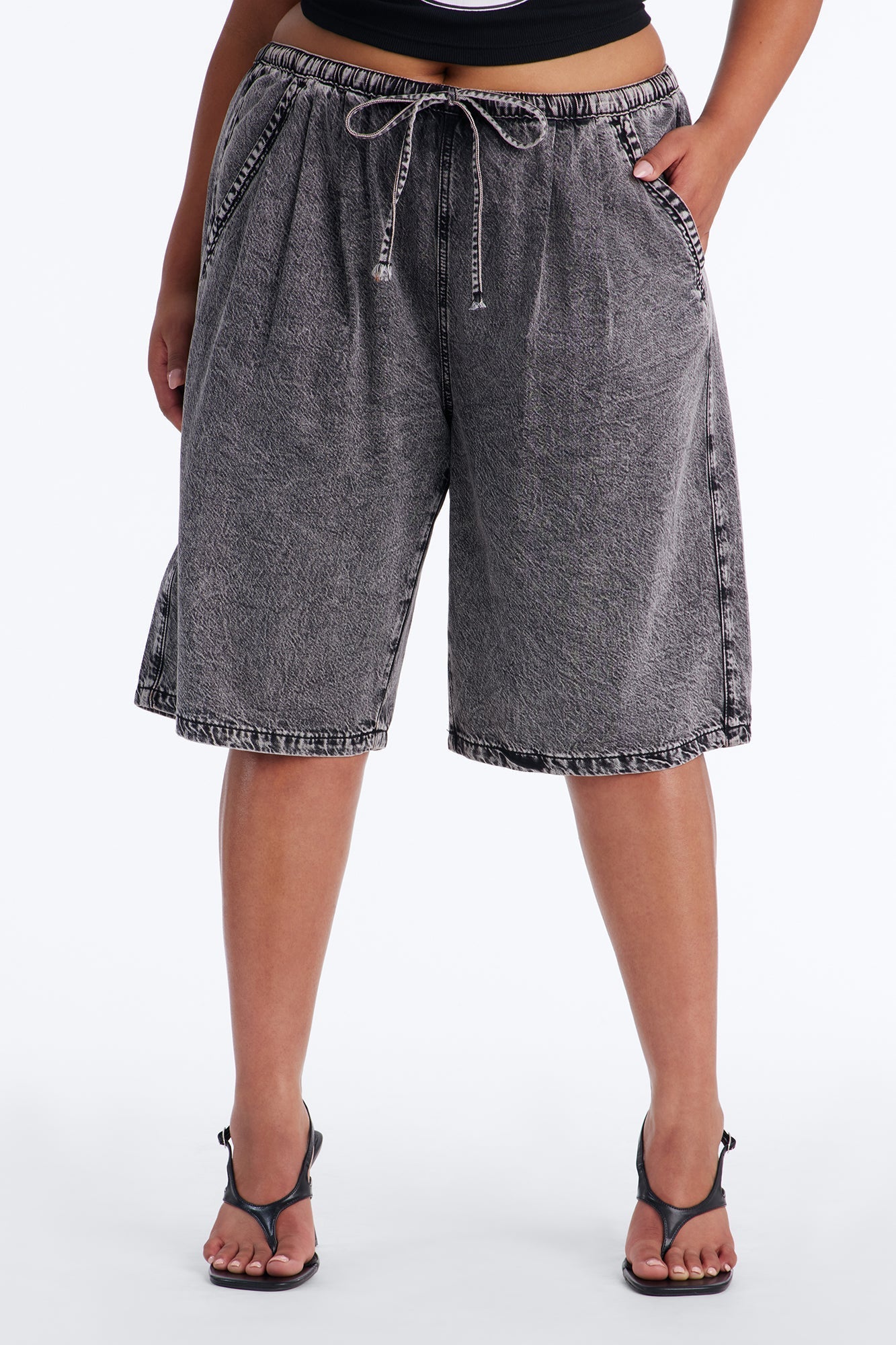 Baeside Tie Waist Denim Jorts - Black Wash