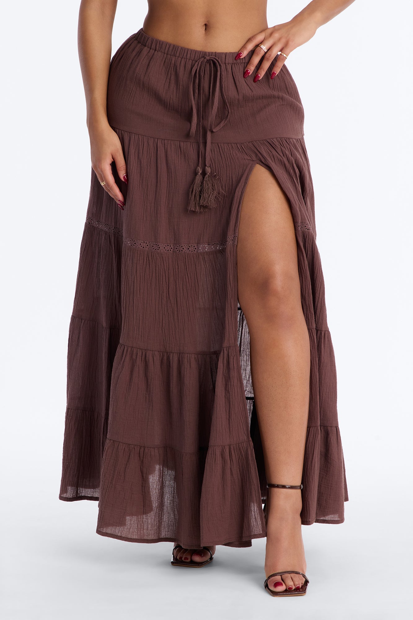 Bohemian High Slit Tiered Gauze Maxi Skirt - Brown