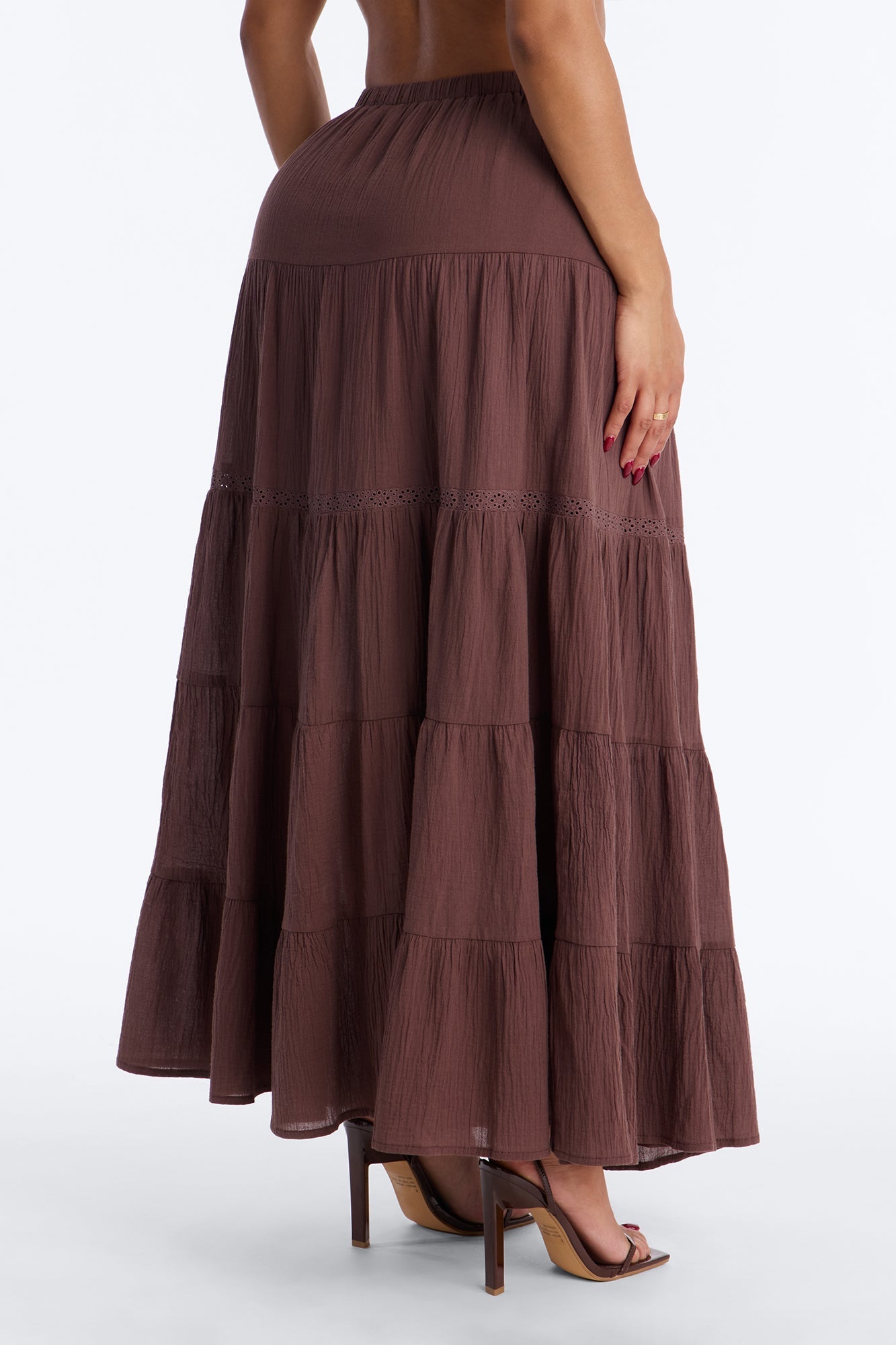 Bohemian High Slit Tiered Gauze Maxi Skirt - Brown