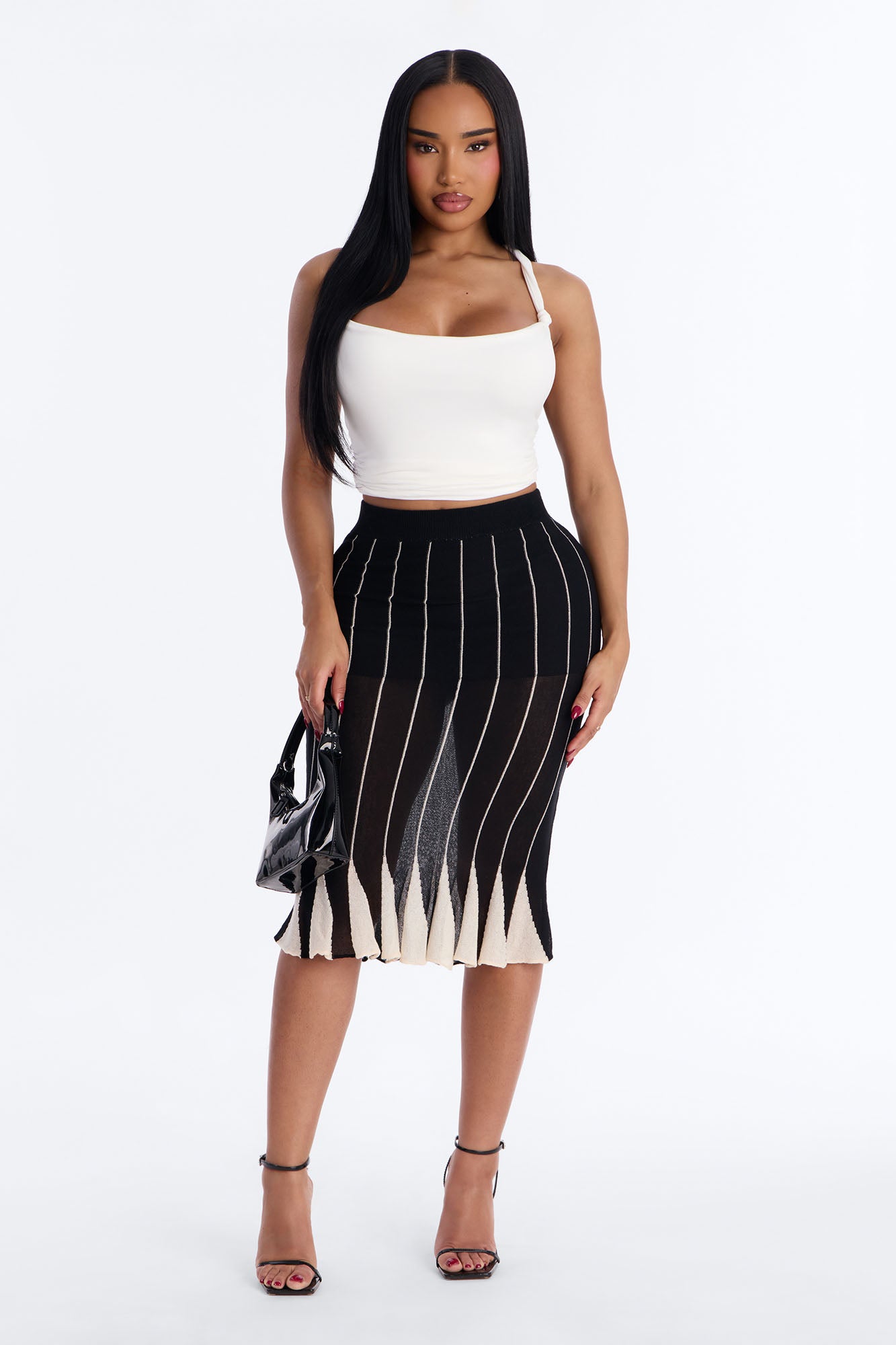 Lizette Stiped Flare Midi Skirt - Black/combo