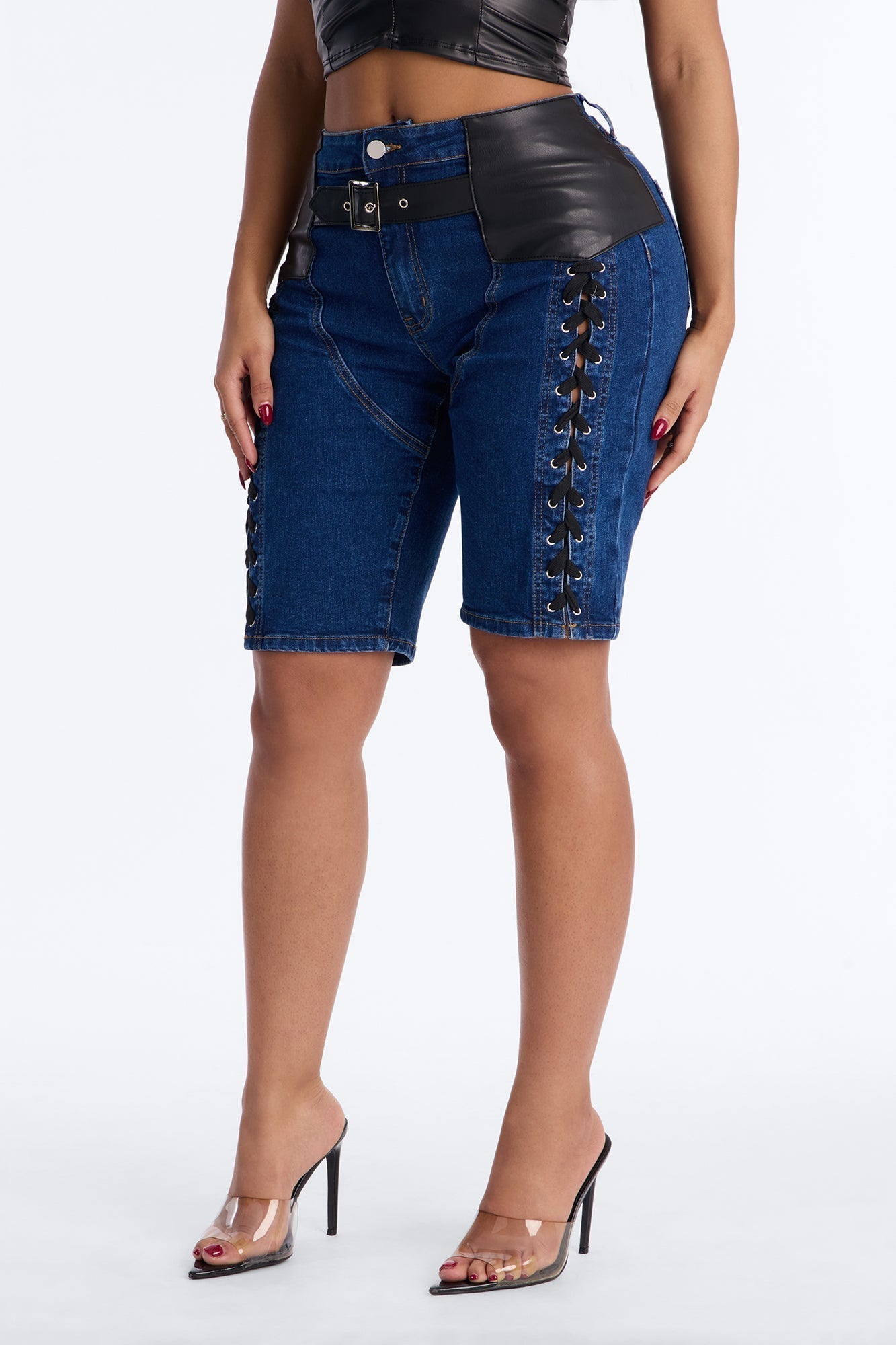 Show Stealer Lace Up Denim Bermuda Shorts - Dark Wash