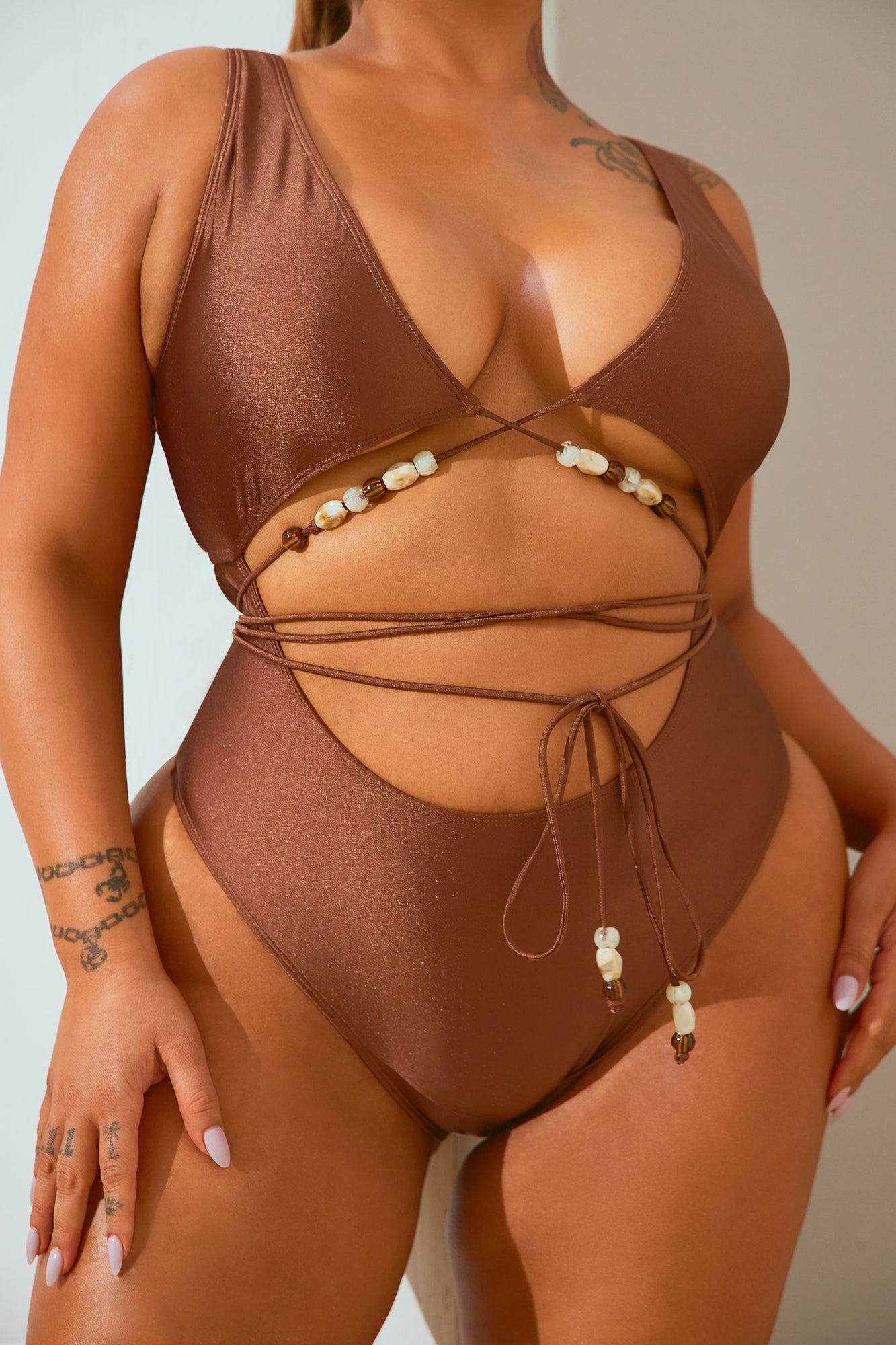Pebble Beach Beaded 1 Piece Swimsuit - Chocolate