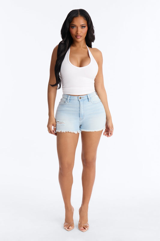 Up To You Stretch Cut Off Denim Shorts - Light Blue Wash