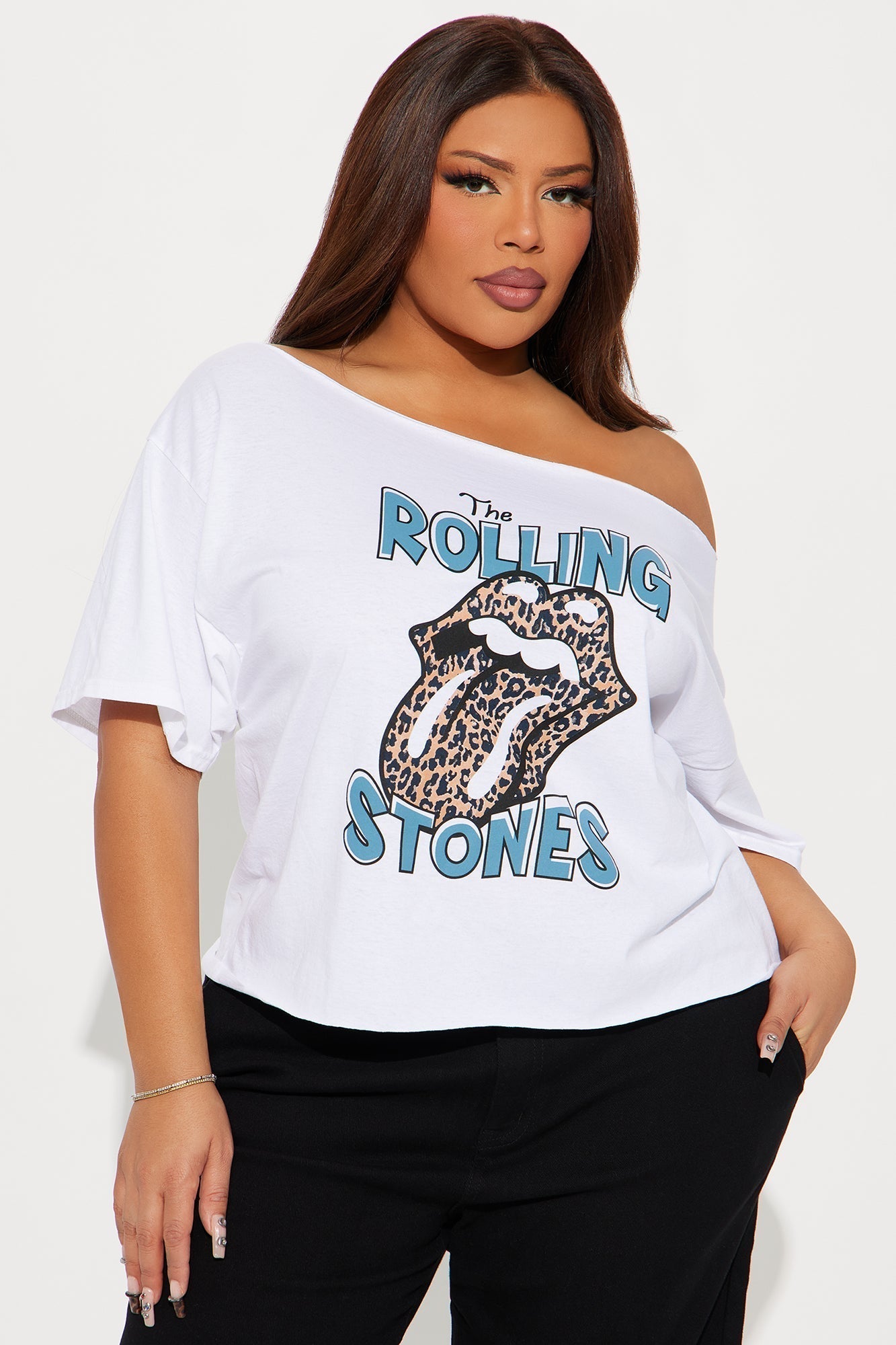 The Rolling Stones Leopard Off Shoulder Top - Cream