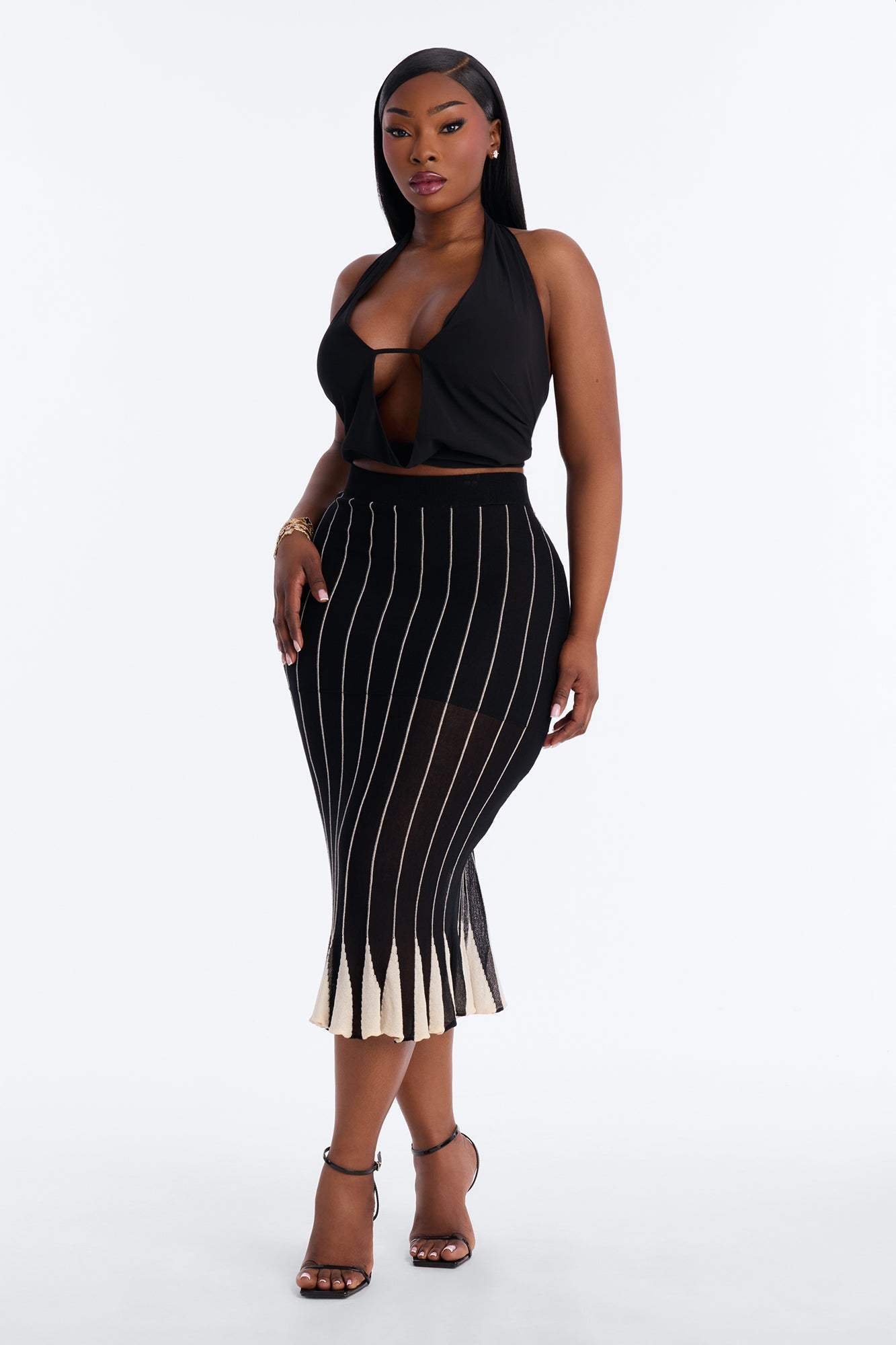 Lizette Stiped Flare Midi Skirt - Black/combo