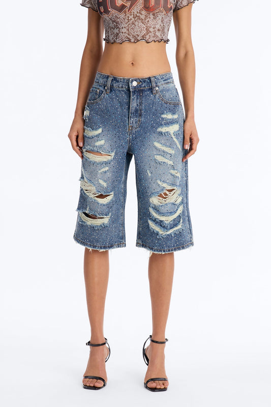 Moonlight Flicker Embellished Rhinestones Denim Jorts - Vintage Wash