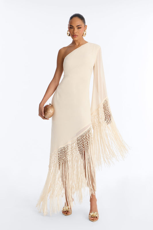 Capri Fringe Chiffon Maxi Dress - Cream