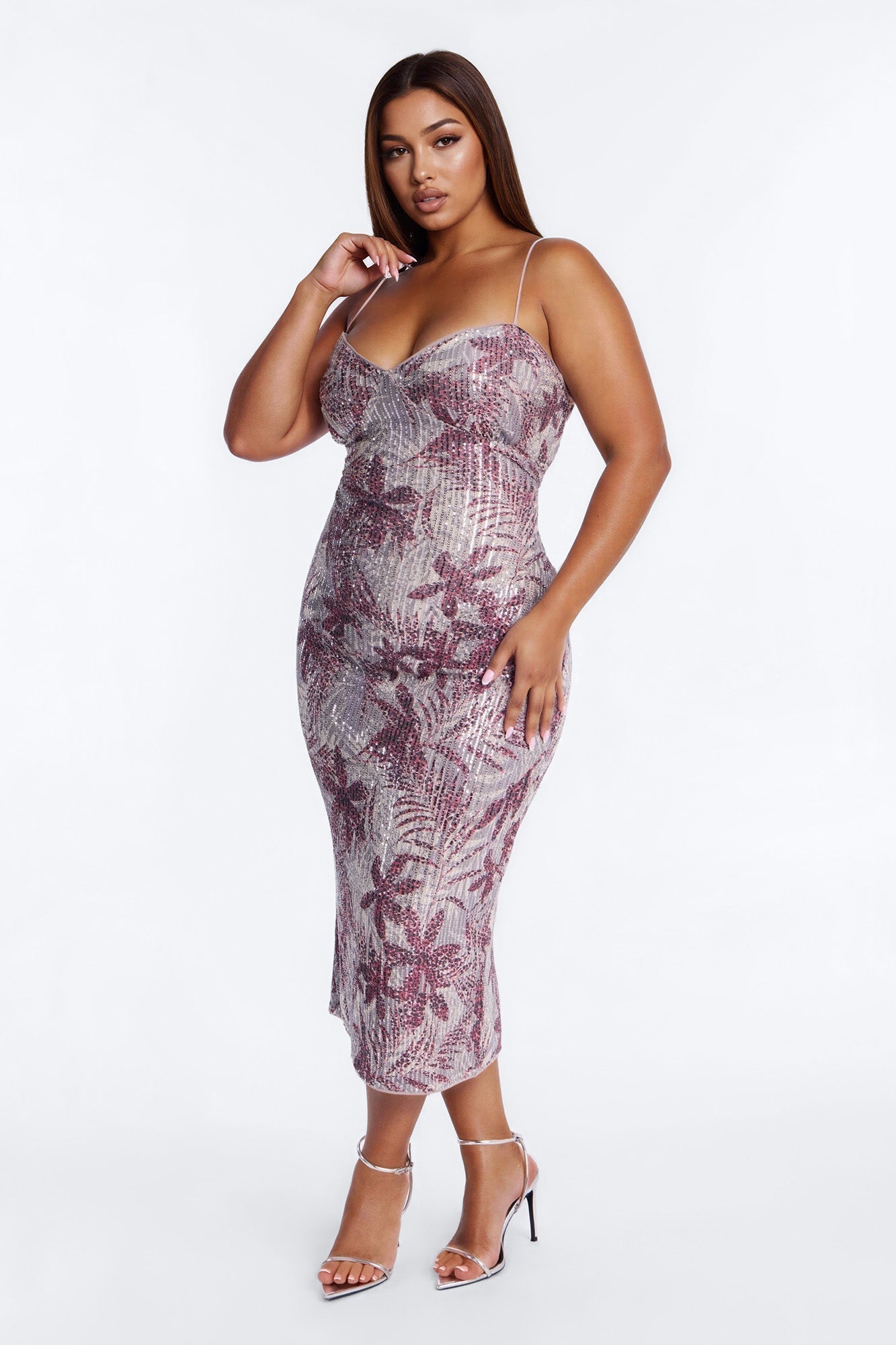 Felicity Printed Sequin Midi Dress - Red