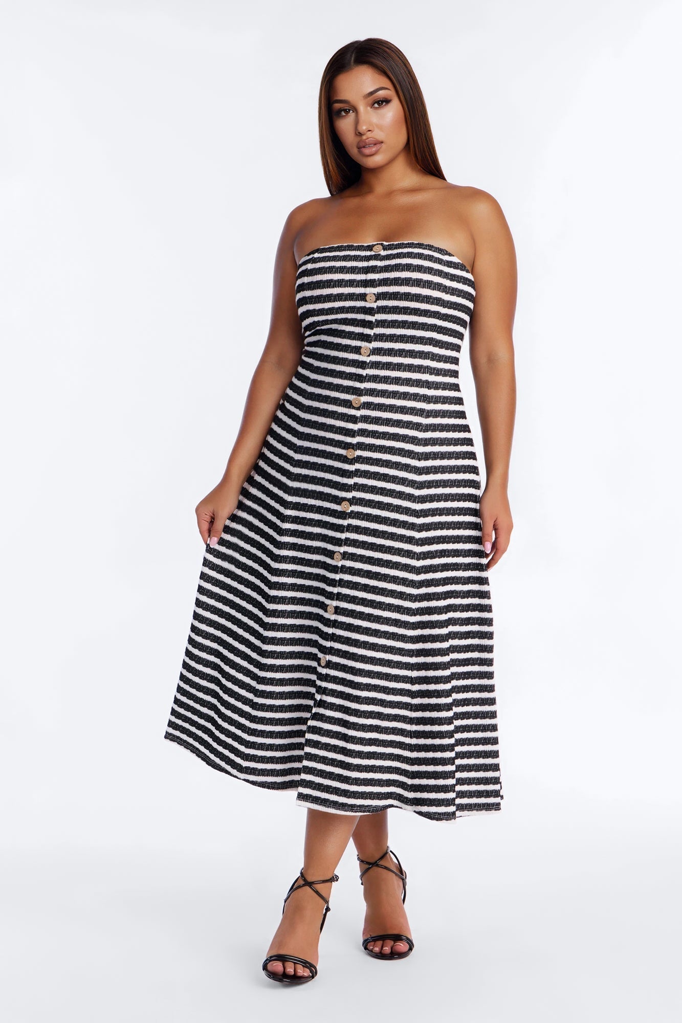 Celia Striped Textured Midi Dress - Black/White