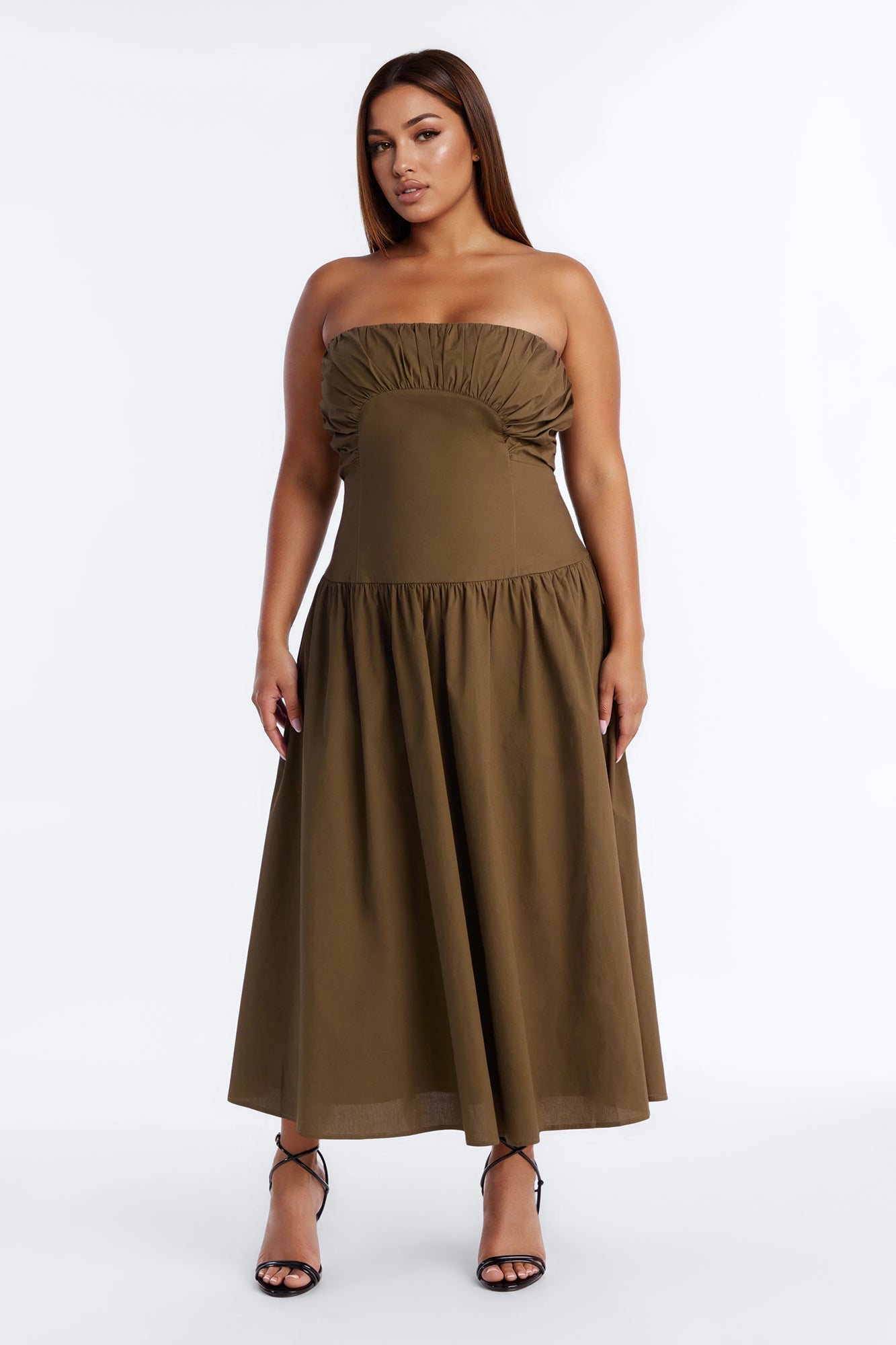 Jana Strapless Pleated Midi Dress - Olive