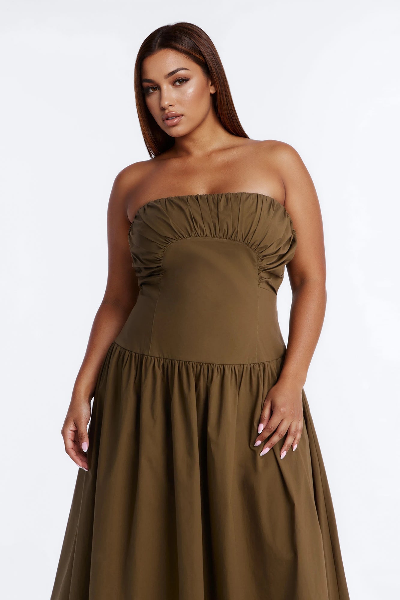 Jana Strapless Pleated Midi Dress - Olive