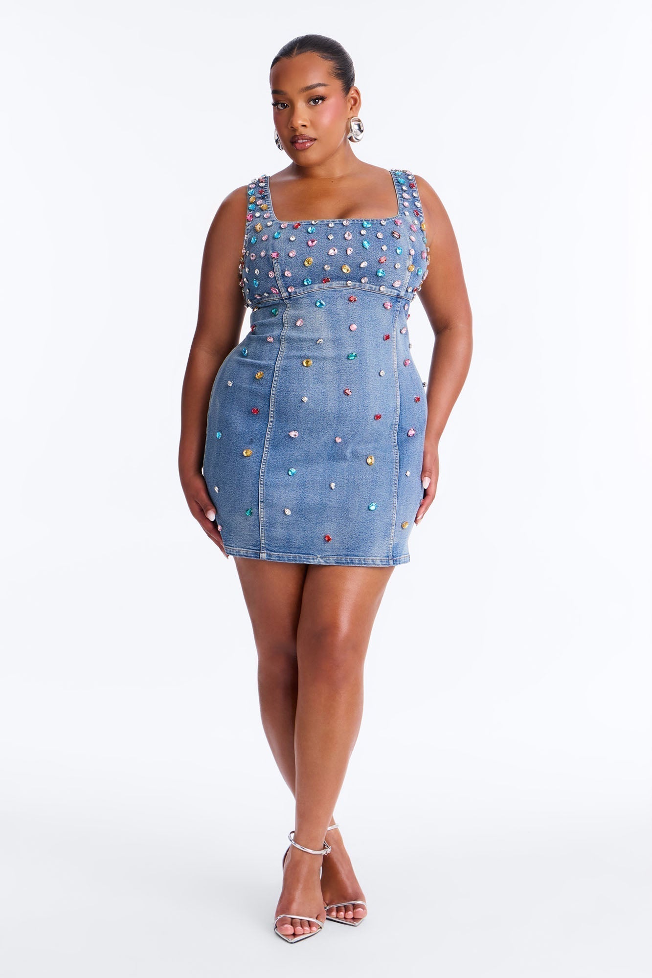 What A Gem Rhinestone Denim Mini Dress - Denim
