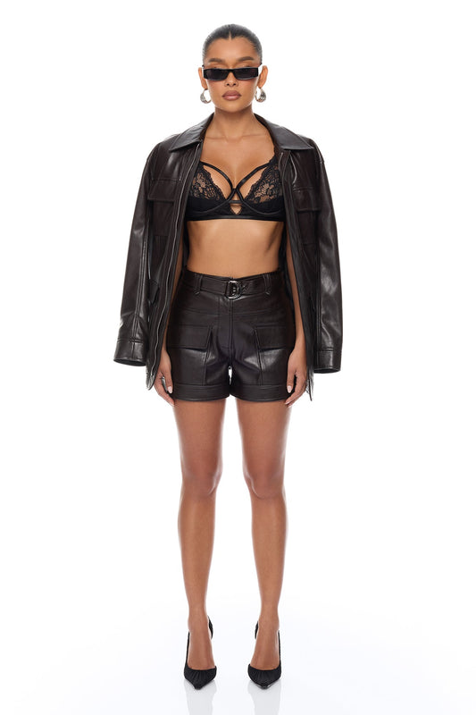 Zaya Faux Leather Cargo Short - Chocolate