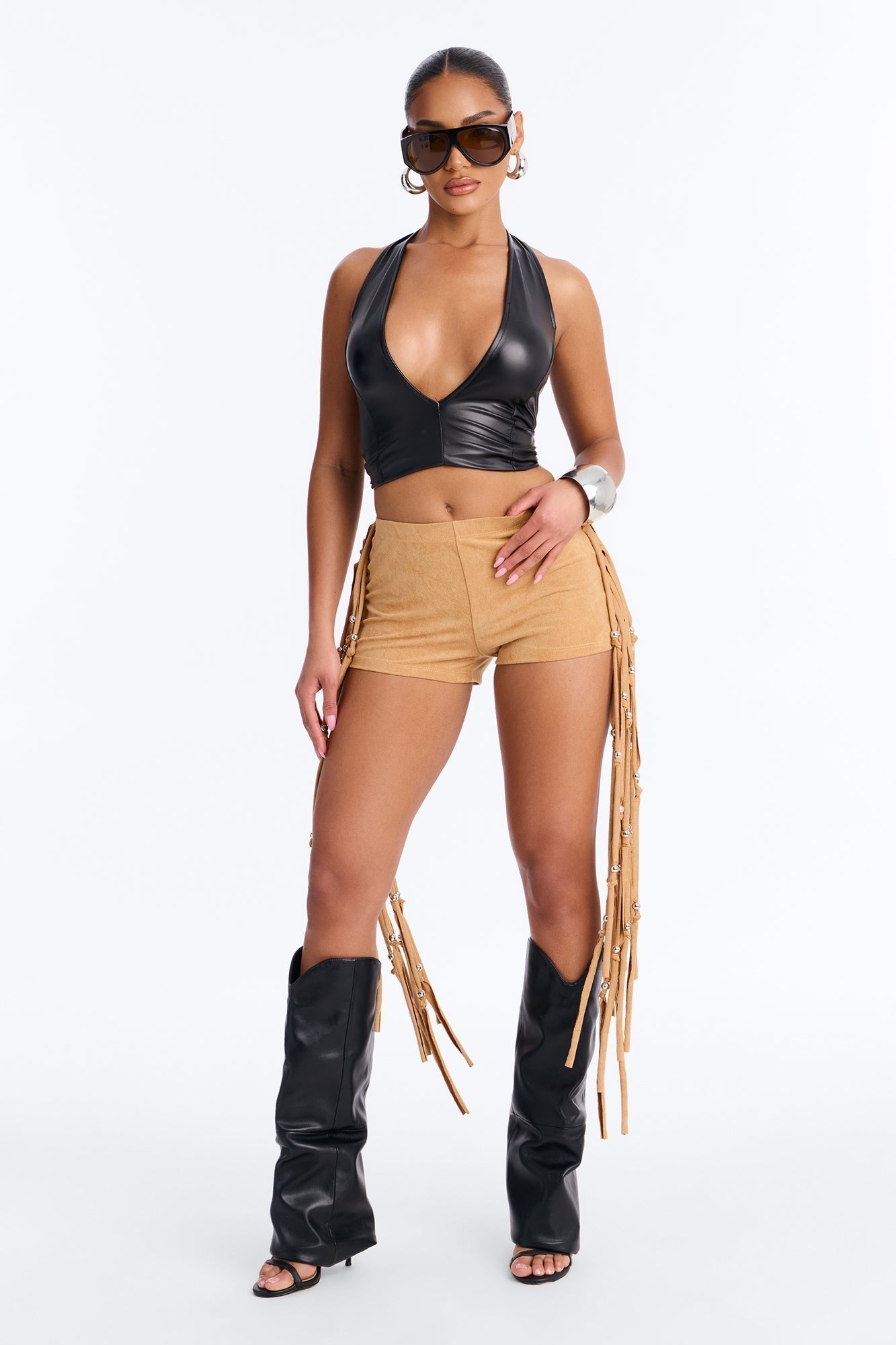 Indio Nights Beaded Fringe Trim Micro Short - Camel