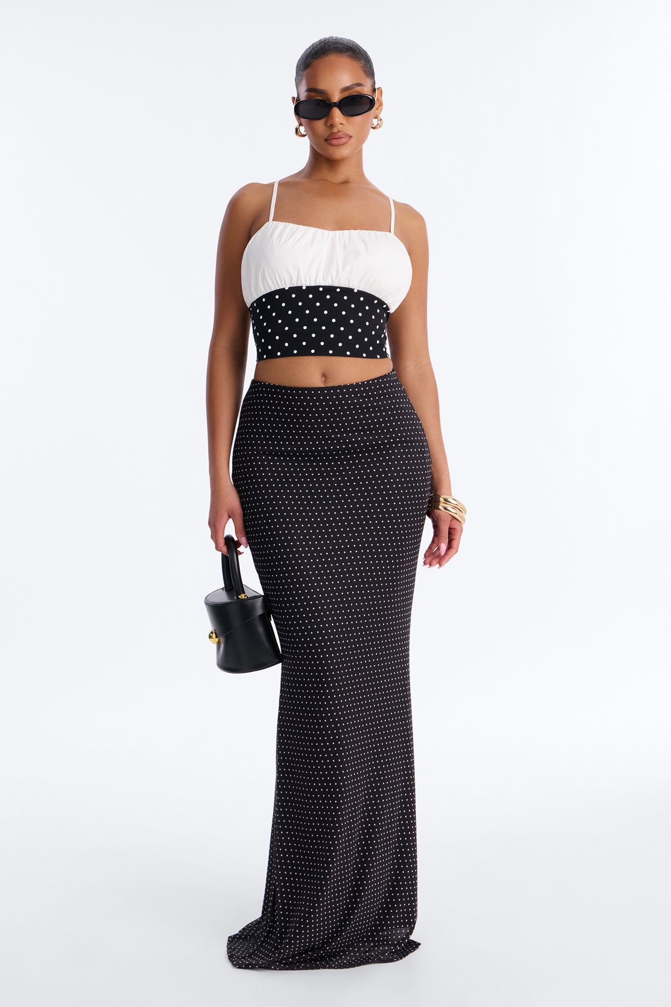 Madeline Polka Dot Mermaid Mesh Maxi Skirt - Black/White