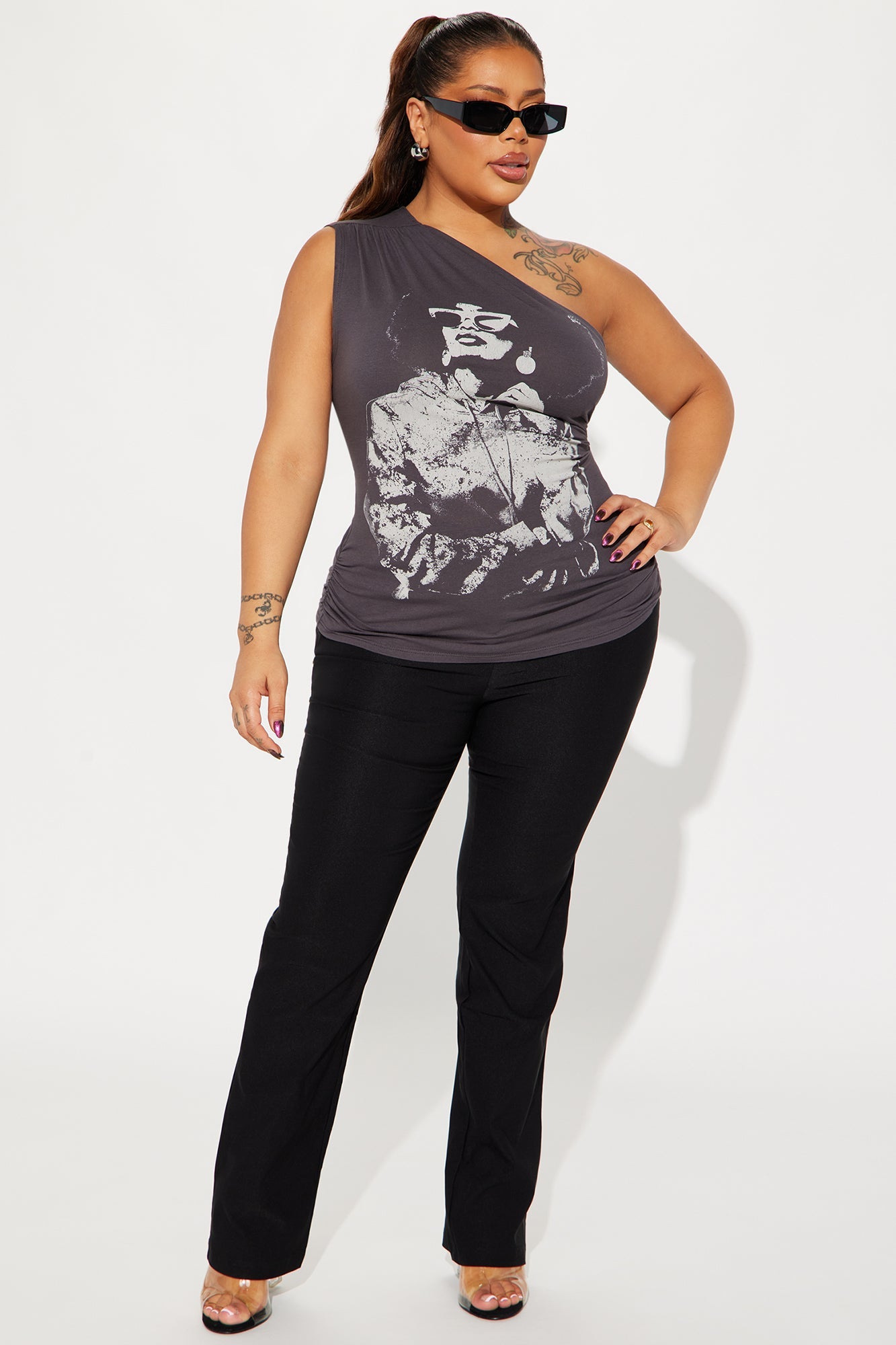 Confident Woman One Shoulder Top - Charcoal