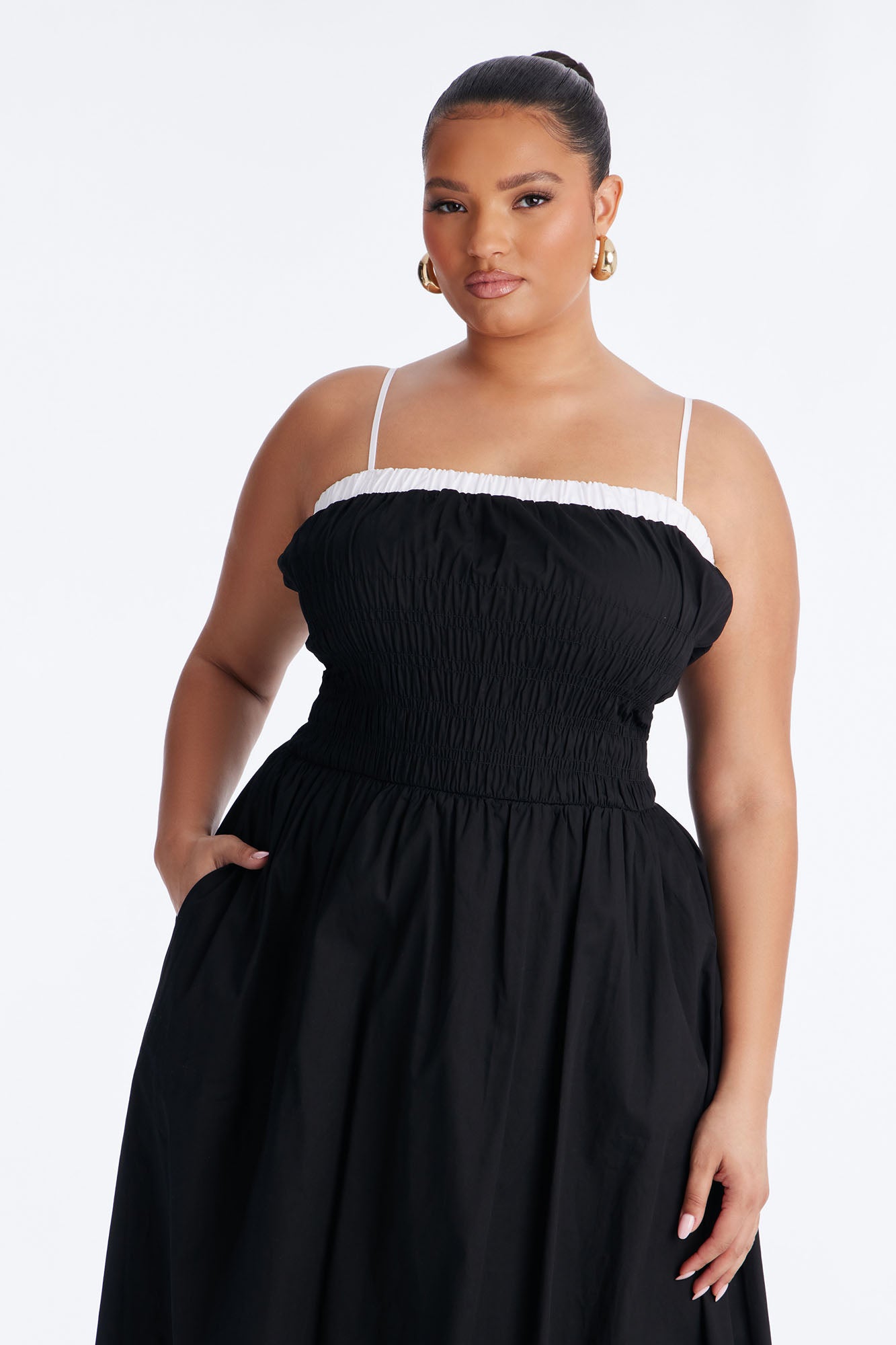 Sabrina Ruched Poplin Midi Dress - Black/White