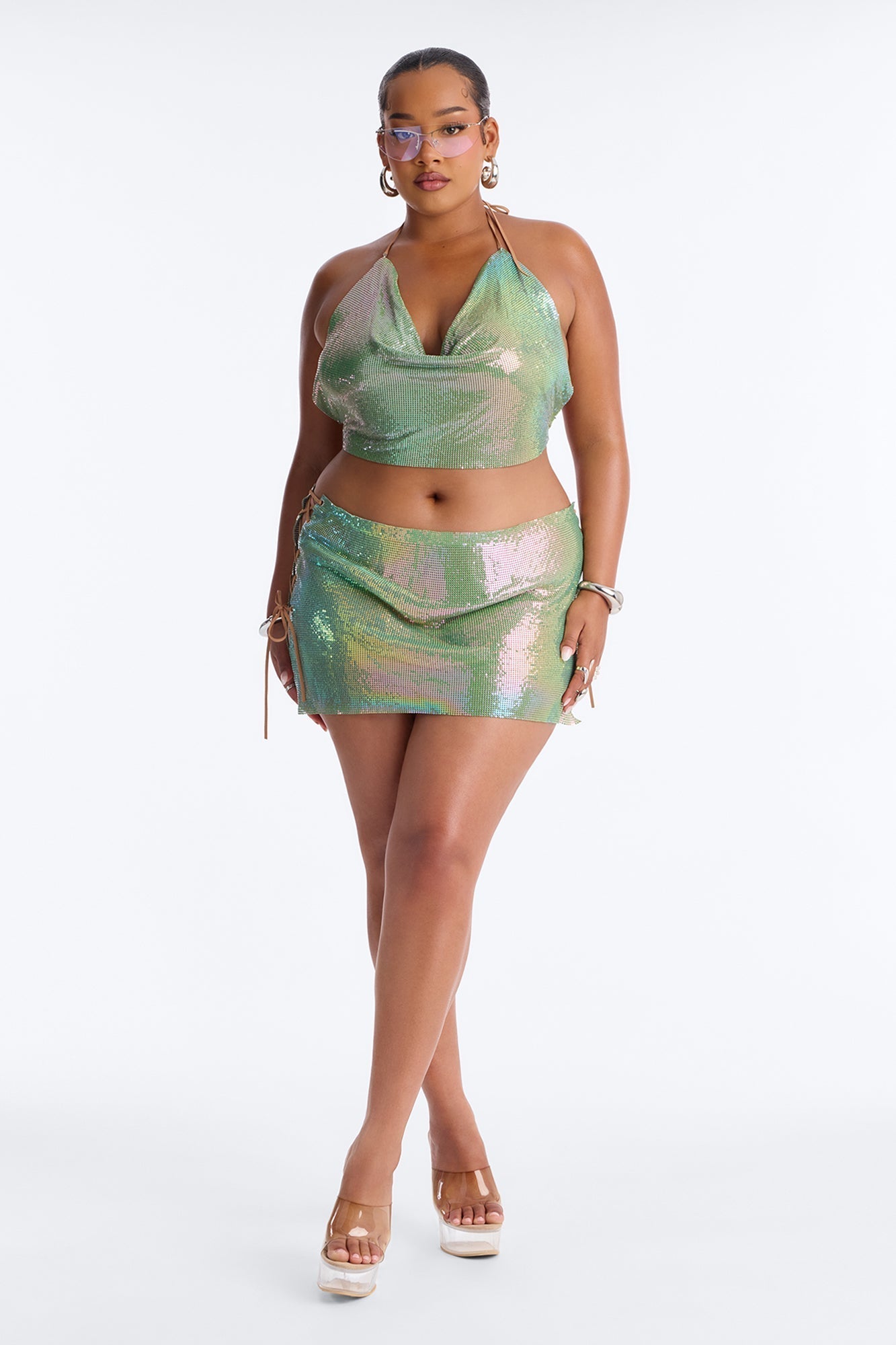 Neon Nights Lace Up Chainmail Mini Skirt - Green/combo