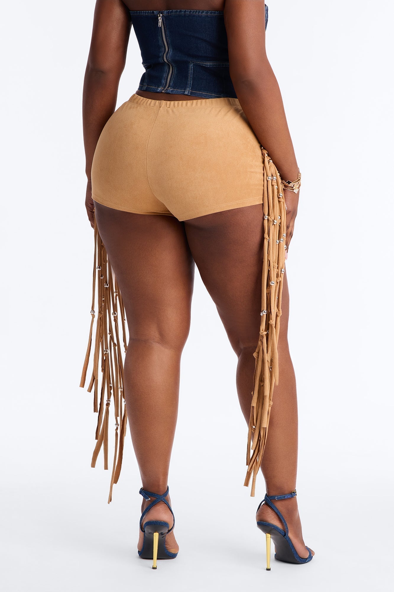 Indio Nights Beaded Fringe Trim Micro Short - Camel