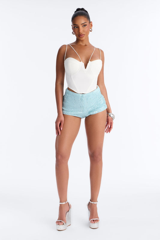 Alaina Sequin Embellished Micro Short 1″ - Blue