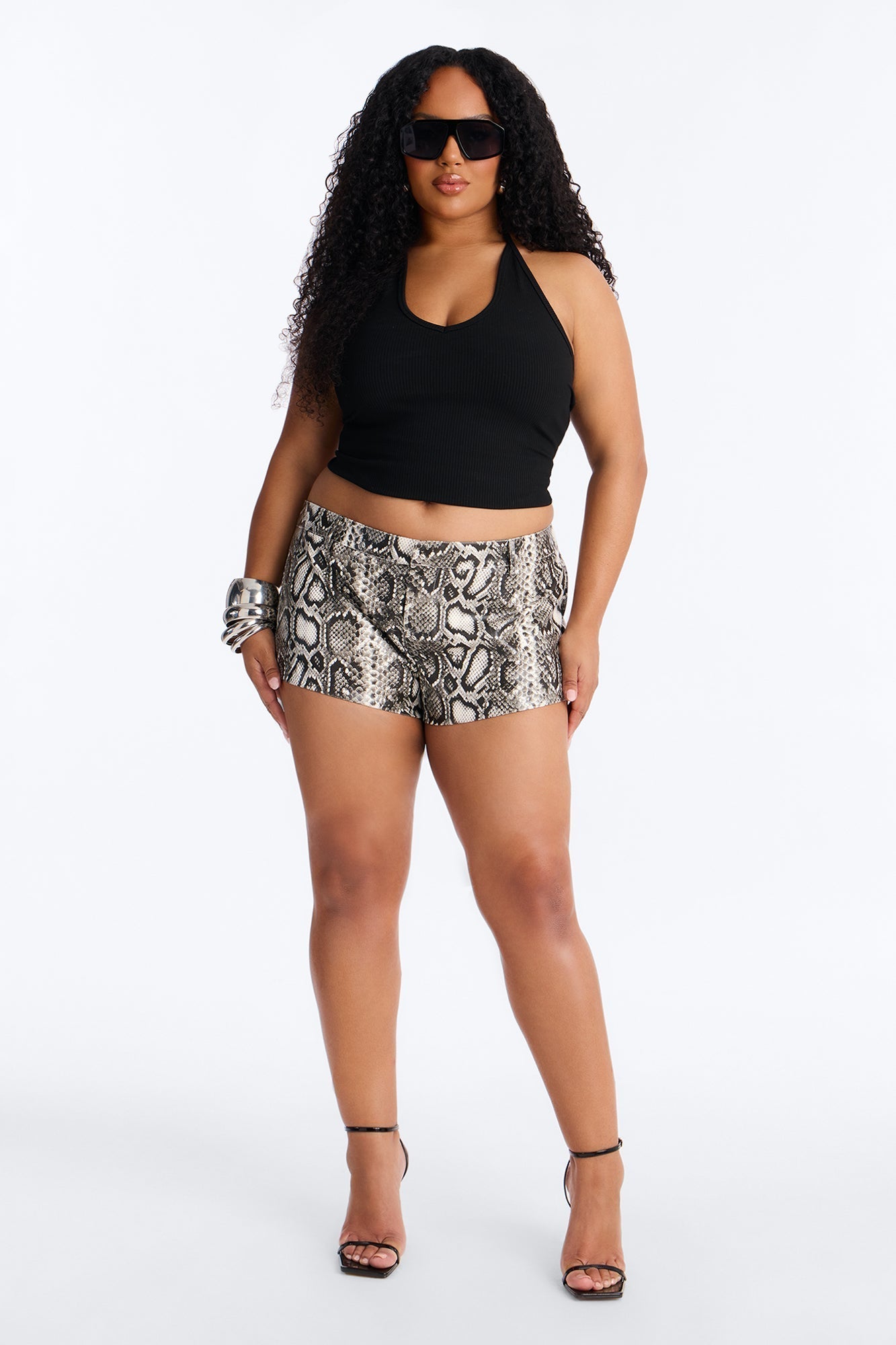 Millicent High Rise Faux Patent Leather Snake Short - Cream/combo