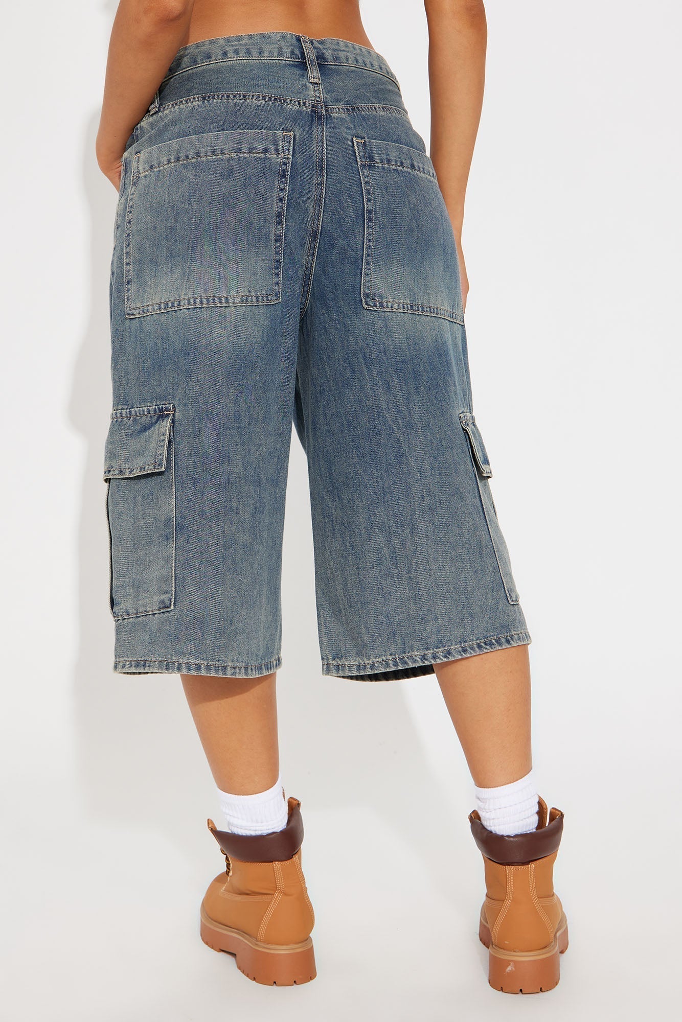 Tell The Truth Relaxed Cargo Denim Jorts - Vintage Wash