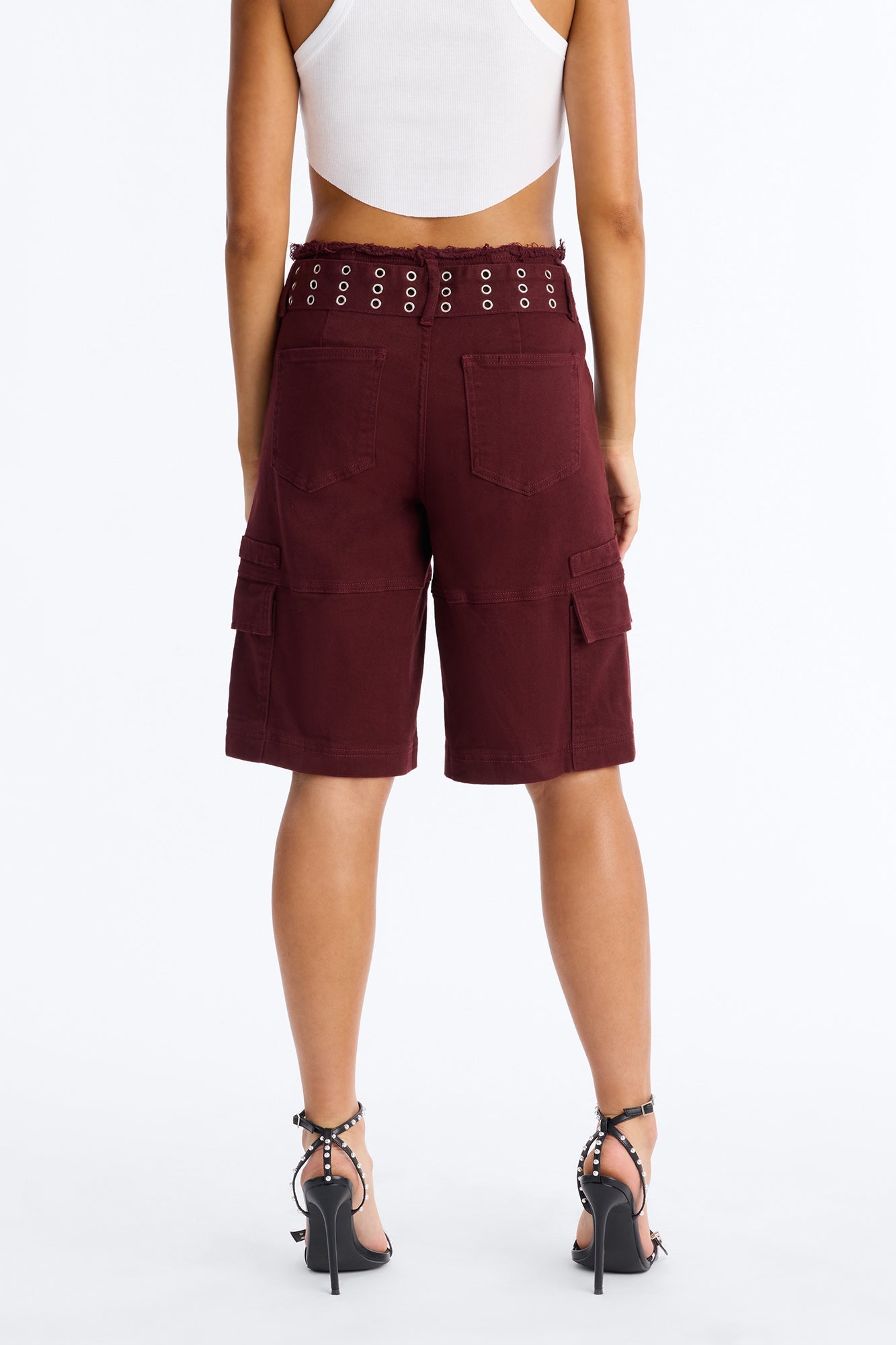 Valerie Cargo Cut Off Waistband Denim Shorts - Wine