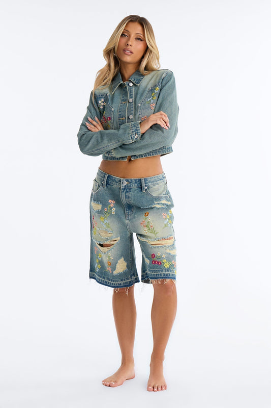 Enchanted Garden Embroidered Bermuda Shorts - Vintage Wash