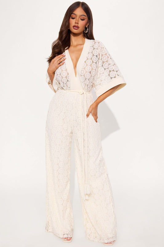 Vienna Crochet Wide Leg Jumpsuit - Cream