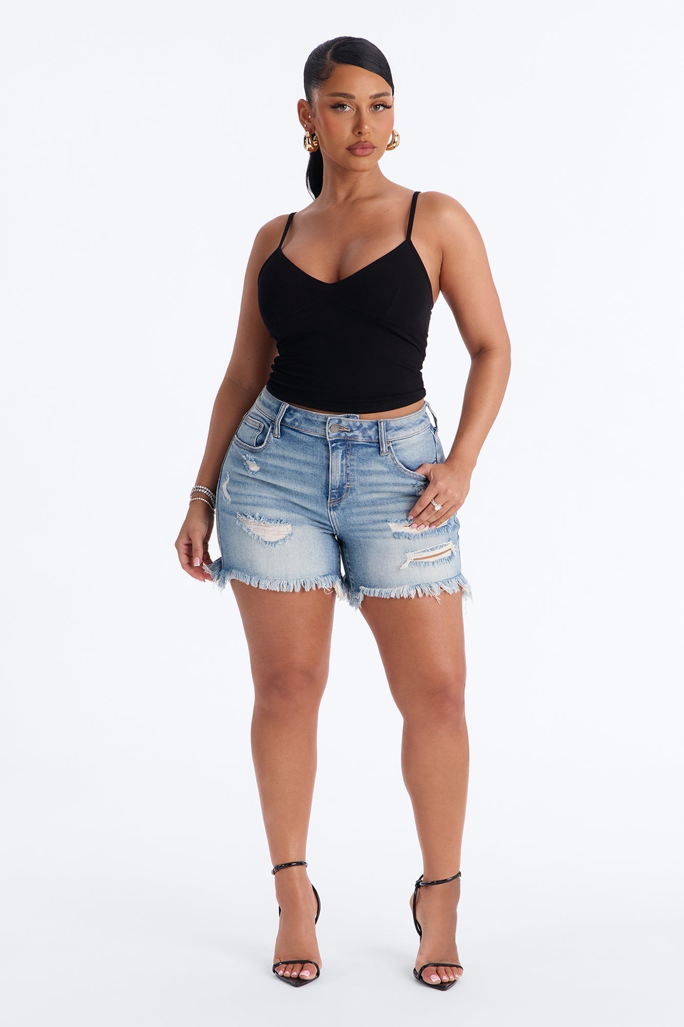 Easy Days Cut Off Ripped Stretch Denim Shorts - Medium Wash
