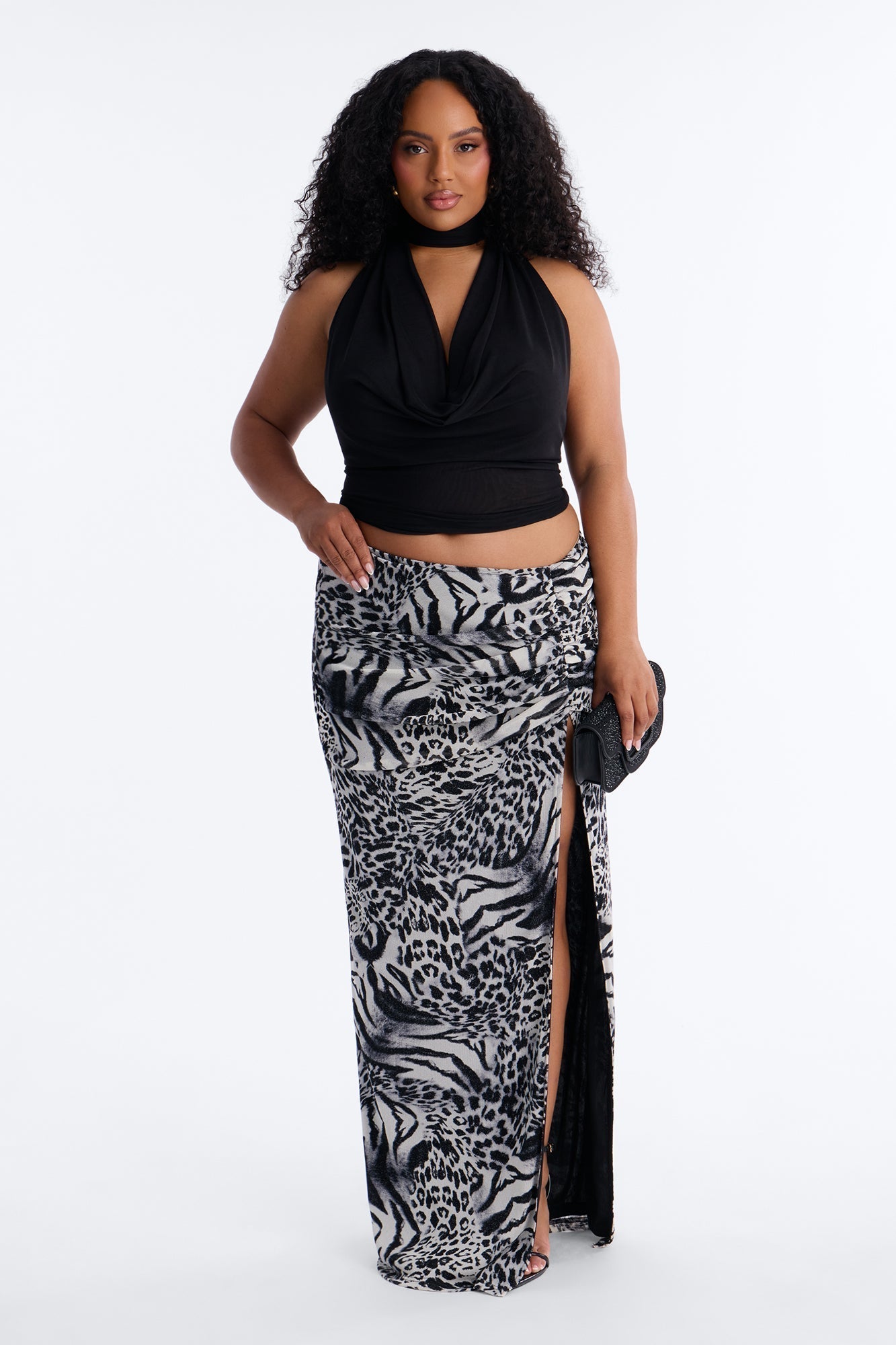 Wild For You Low Rise Shimmer Animal Maxi Skirt - Black/combo