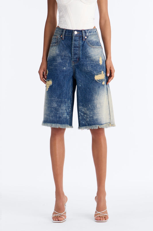 La Brea Cut Off Ripped Premium Washed Denim Jorts - Vintage Wash