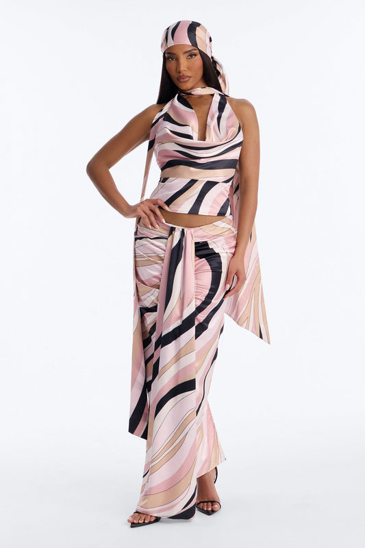 Untamed Abstract Satin Midi Skirt - Pink/combo