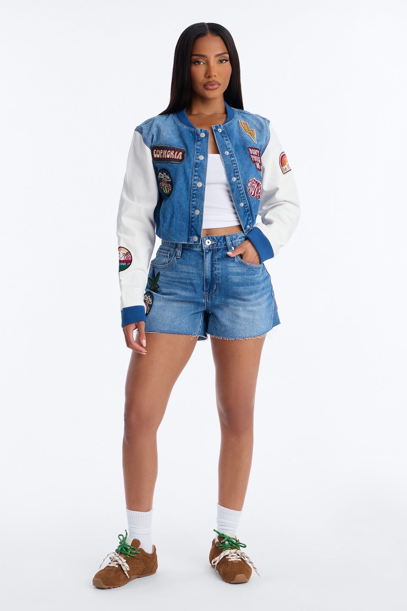 Golden State Cutie Patch Cut Off Denim Shorts - Medium Wash