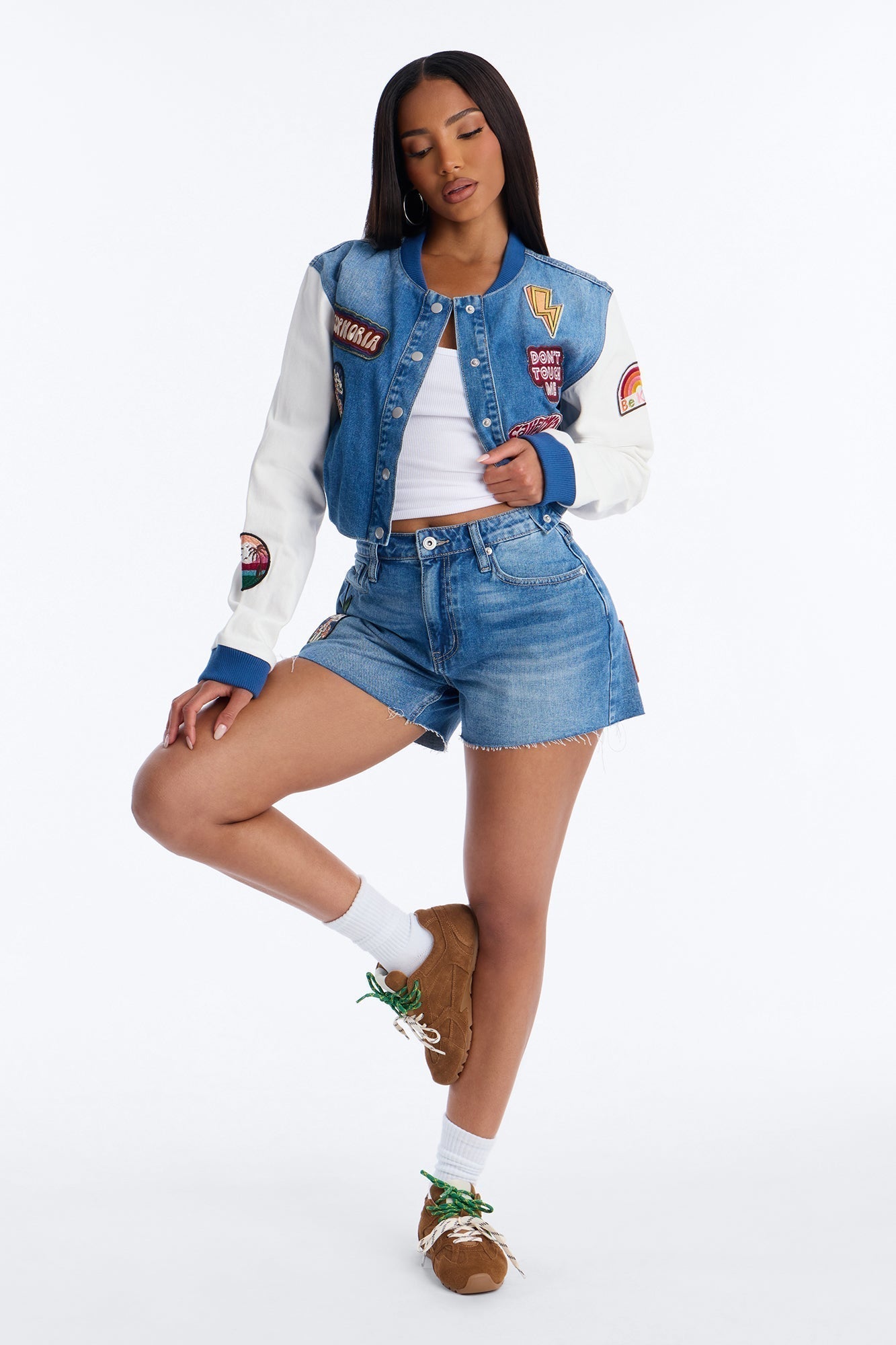 Golden State Cutie Patch Cut Off Denim Shorts - Medium Wash