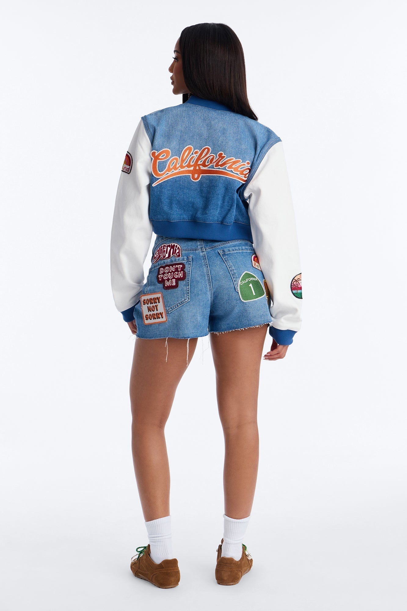Golden State Cutie Patch Cut Off Denim Shorts - Medium Wash
