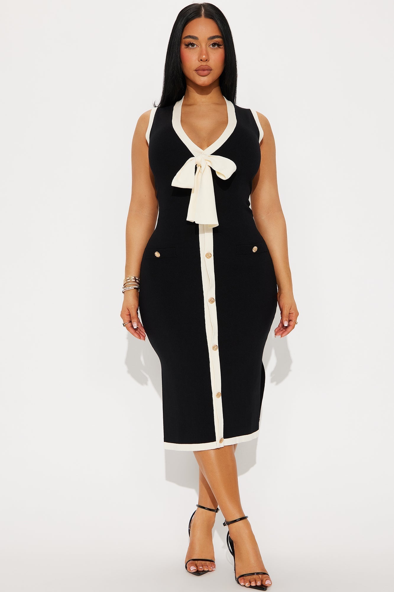 Extra Credit Sweater Midi Dress - Black/White