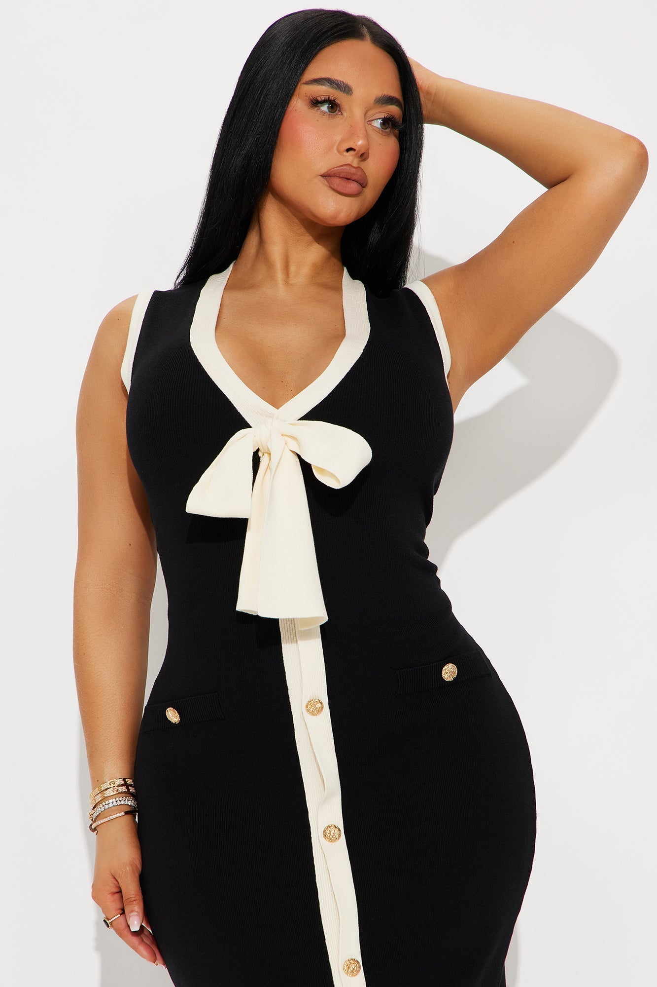 Extra Credit Sweater Midi Dress - Black/White